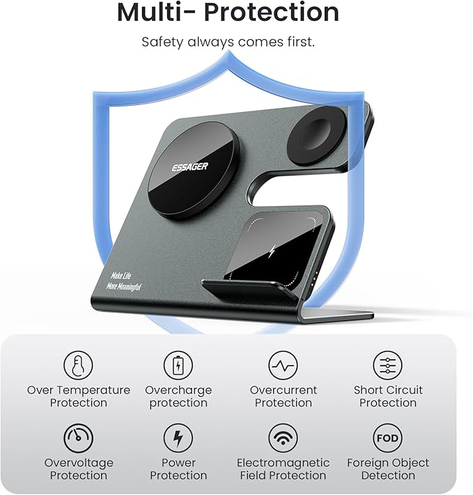 3 in 1 Aluminum Alloy Magnetic Wireless Charging Station Compatible with iPhone 16/15/14/13/12 Series ESSAGER 15W Wireless Charger Office Bedroom Table for Airpods 4/3/2/Pro iWatch with 20W Adapter