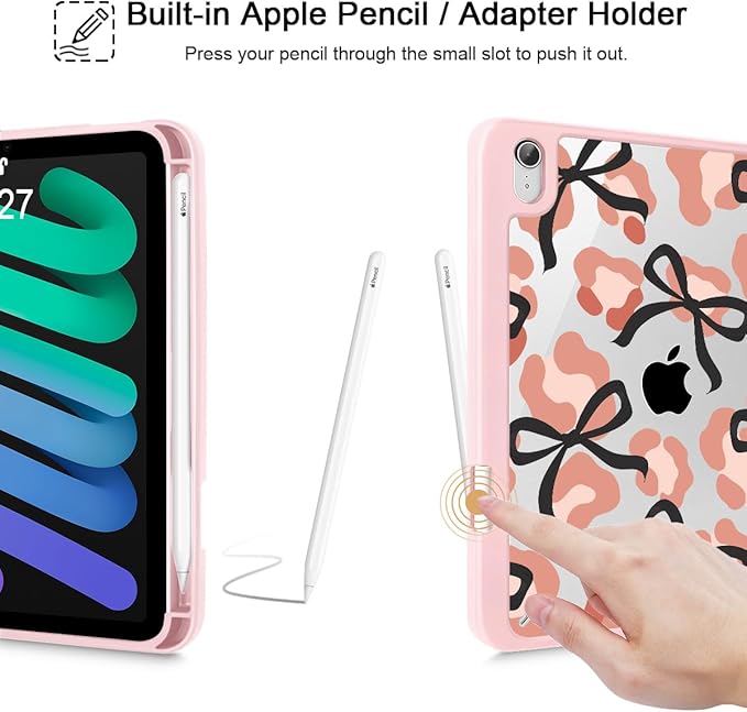 Mektron Printed Case for iPad mini 7 (A17 Pro) 2024/ Mini 6 2021 iPad mini 7th/6th Generation 8.3-inch Liquid Retina Display Cover Buit in Pencil Holder with Clear Back Shell Leopard Bows