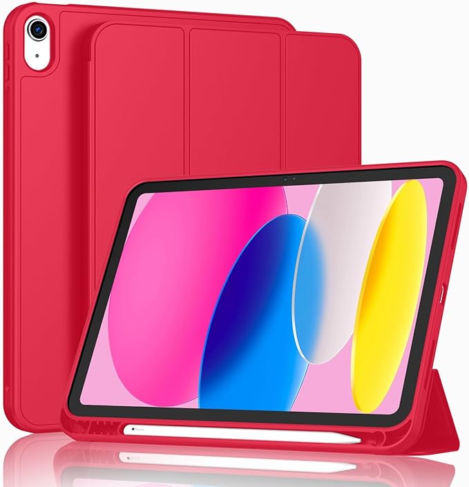 Case for iPad (A16) 11 Inch 2025/iPad 10th Generation 10.9 Inch 2022 Slim Trifold Stand Protective Cover with Pencil Holder and Soft TPU BackSupport Auto Sleep/Wake (Red)