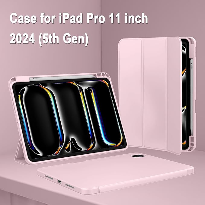 ZryXal iPad Pro 11 Inch Case (M5) 2025/ (M4) 2024 (Model: A2836/A2837/A3006) Trifold Stand Smart Cover with Pencil Holder and Soft TPU Back Auto Wake/Sleep (Pink)