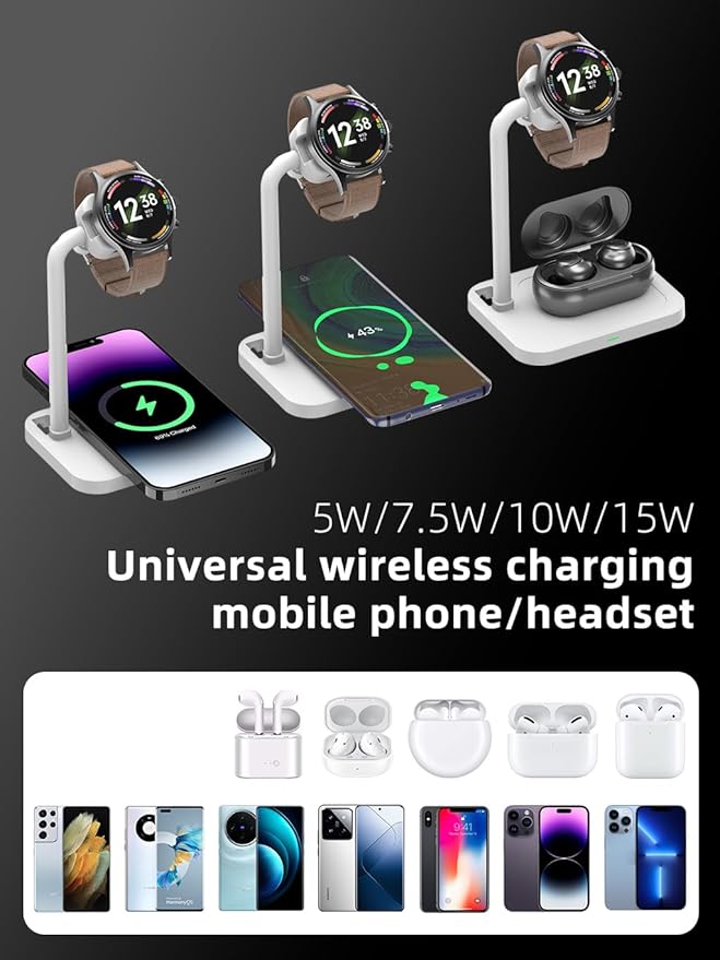 2 in 1 Universal Wireless Charging Dock with Adjustable Smartwatch Stand Compatible with Samsung/Google/Pixel/Fossil/Fitbit/Garmin/Huawei/AMAZTIM/Amazfit/Suunto/xiaomi(2SW-W)