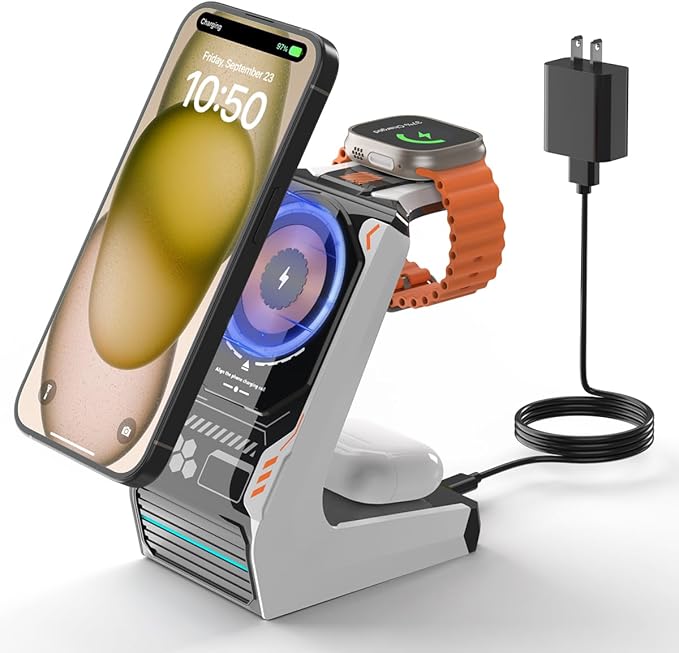 JoyGeek 3-in-1 Wireless Charging StationCharger Stand for iPhone 15/14/13/12 Series Fast Magnetic Charging Dock for Watch Ultra 2/9/8/7/6/SE/5/4/3/2AirPods Pro 3/2