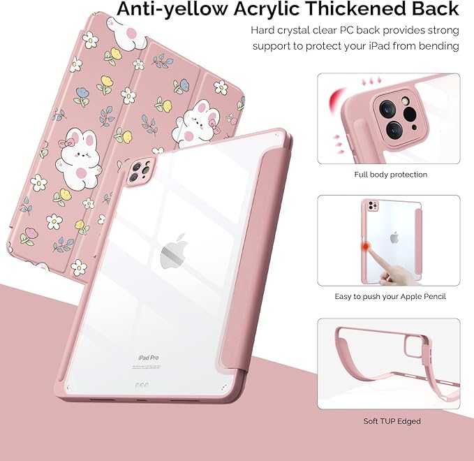 Cute Bunny Flower for iPad Pro 12.9 Inch Case 5th/6th Generation 2022/2021/2020 with Pencil Holder Foldable Pink Leather Cover Case Support Auto Sleep Wake