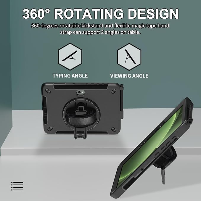 Junfire Shockproof Case for Samsung Galaxy Tab Active5 Pro 2025/ Active4 Pro 2022 Heavy Duty Rugged Case with Screen Protector/Hand Strap/360°Rotating Stand/Shoulder Belt/Pencil Holder Black