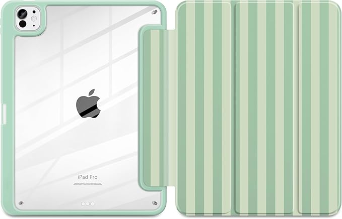 Case for iPad Pro 11 Inch (M5 2025 M4 2024) – [Built-in Pencil Holder] Shockproof &amp Stylish Clear Hard Back + Soft TPU Edge Magnetic Trifold Stand Auto Wake/Sleep Green Striped