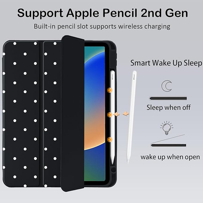 Cute Kawaii Polka Dot for iPad Pro 13 Inch Case (M5/M4) 2025/2024 with Pencil Holder Auto Sleep/Wake Black Leather Clear Acrylic Back Cover