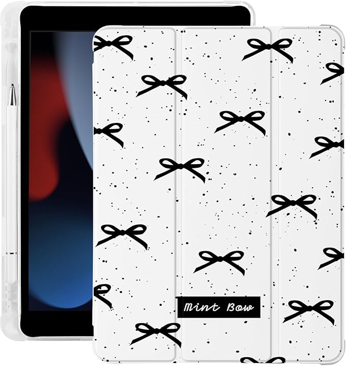 Cute Kawaii Black Bow Flower for iPad Pro 12.9 Inch Case 5th/6th Generation 2022/2021/2020 with Pencil Holder Auto Sleep/Wake Leather Soft TPU Back Cover