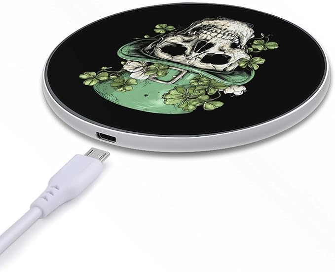 Skull Shamrocks St Day Partick Irish Fast Portable Charger 10W Funny Graphic Phone Charging Pad with USB Cable