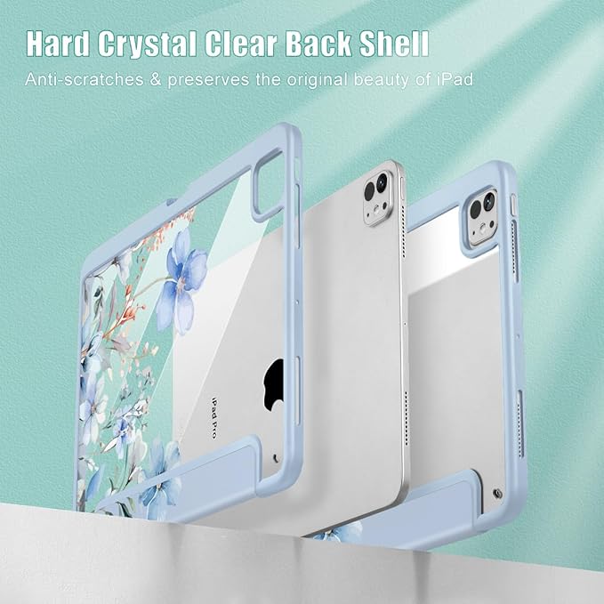 May Chen Case for iPad Pro 11-Inch M5/M4 2025/2024 (6th/5th Generation) Clear Transparent Print Back Shell Slim Stand Shockproof Tablet Cover Auto Wake/Sleep Blue Flowers