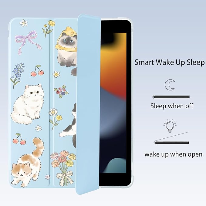 Cue Kawaii Kitten Cat Flower for iPad Pro 13 Inch Case (M5/M4) 2025/2024 with Pencil Holder Auto Sleep/Wake Blue Leather Soft TPU Back Cover