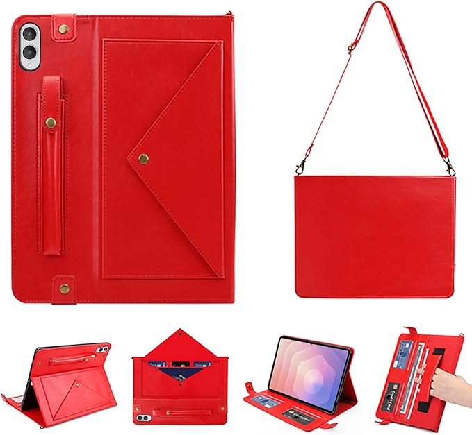 Tablet Carrying Shoulder Bag Case for Samsung Galaxy Tab S11 Ultra 14.6 Inch 2025 SM-X930 X936B PU Leather Hand Strap Crossbody Shoulder Strap Cards Holder Pocket S Pen Holder Stand CaseRed