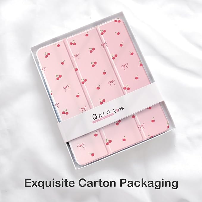 Cute Kawaii Cherry Bow for iPad Pro 12.9 Inch Case 5th/6th Generation 2022/2021/2020 with Pencil Holder Auto Sleep/Wake Pink Leather Clear Acrylic Back Cover