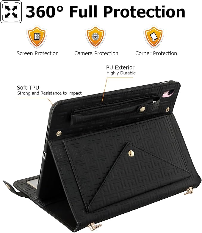 Dteck Handbag Case for iPad 9th/8th/7th Generation 2021/2020/2019 10.2 Inch with Pencil Holder Folio Stand PU Leather Crossbody Shoulder Hand Strap Card Pockets Magnetic Envelope Wallet CoverBlack