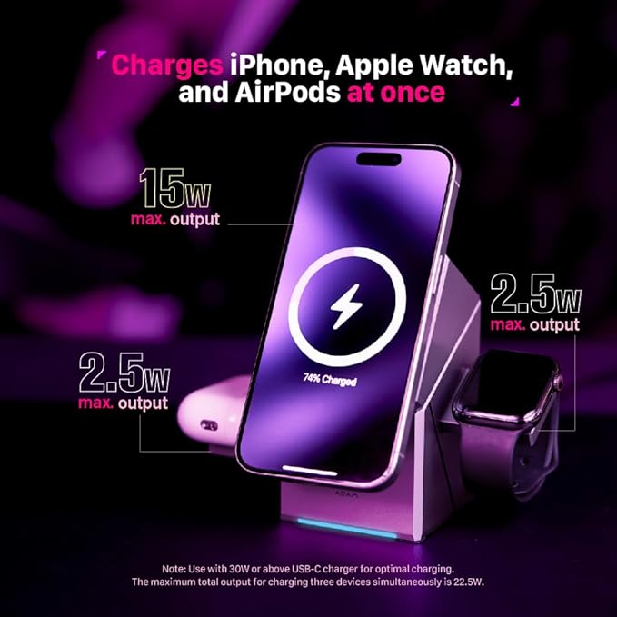 ADAM elements Mag Qube Qi2 3-in-1 Magnetic Wireless Charging Station 15W Fast Charger for iPhone 17 16 15 14 13 12 Apple Watch &amp AirPods Fast Charging Stand for Desk