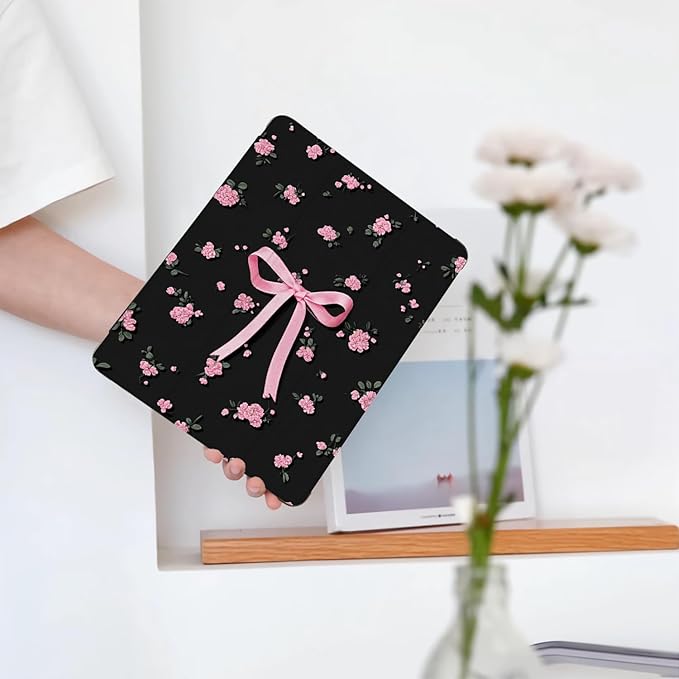 Cute Pink Bow Floral for iPad 7th/8th/9th Generation Case with Pencil Holder Auto Sleep/Wake Black Leather Soft TPU Back Cover for iPad 10.2 Inch 2019/2020/2021