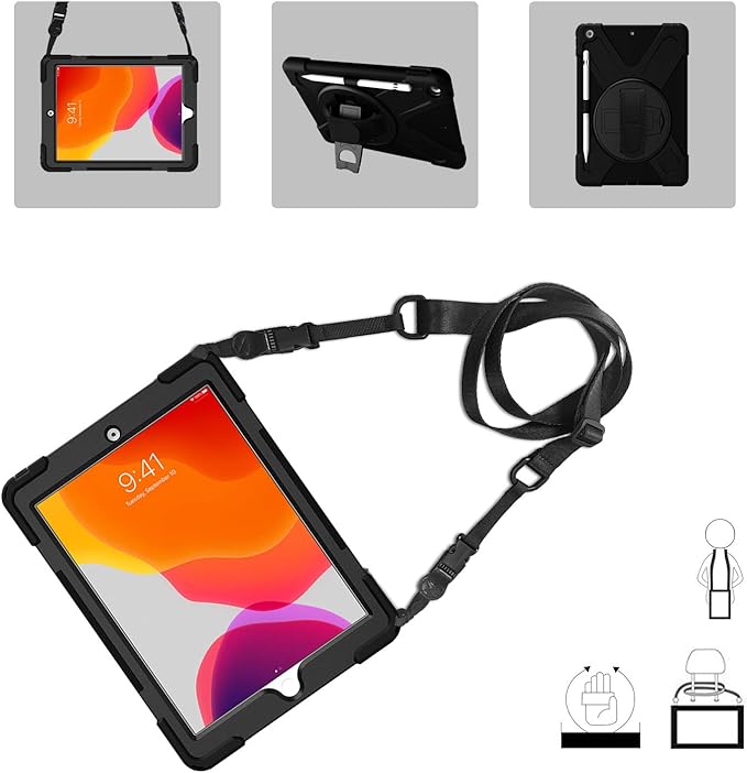 ProCase Rugged Case for iPad 9th/ 8th/ 7th Generation 10.2 (2021/2020/2019) Heavy Duty Shockproof Protective Cover with Strap for iPad 9/8/7 -Black