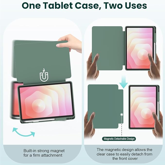 for Samsung Galaxy Tab S11 Tablet CaseMagnetic Split Acrylic Case– with Pen SlotPU Leather Material Detachable StandSlim Protective Cover for S11ShockproofLightweight[Dark Green]