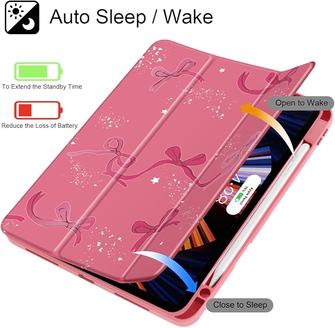 Tuiklol Case for iPad Pro 11 Inch (M4) 2024 5th Gen Buit-in Pencil Holder with Clear Back Cover Protection Trifold Stand-Auto Wake/Sleep Tablet Case Model:A2836/A2837/A3006Bow-Watermelon Red