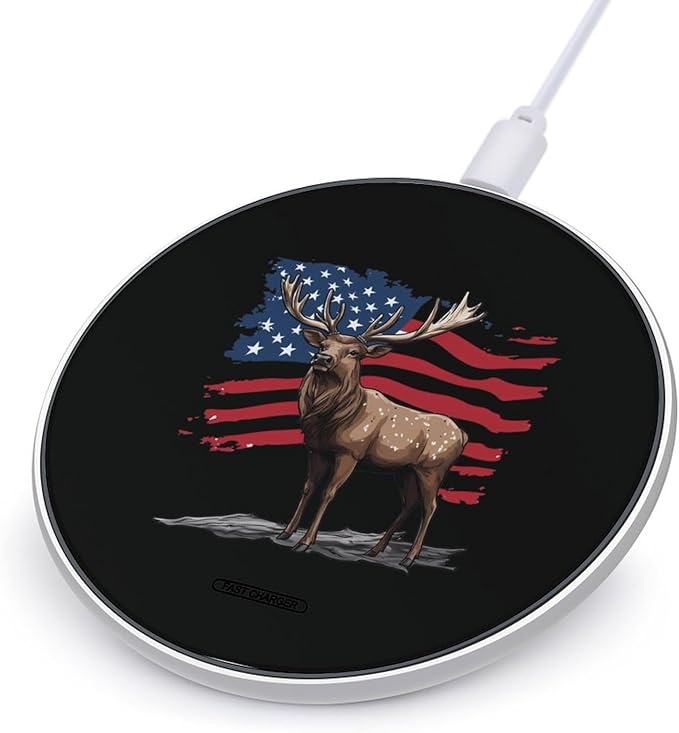 Deer Hunting USA Flag Wireless Charger Anti-Slip Wireless Charging Pad Slim Charger Mat for Men Women