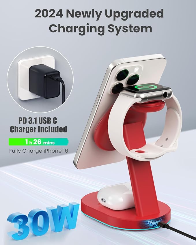 3 in 1 Wireless Charger Charging Station for iPhoneQi2 Certified 15W Magnetic Charging Stand for Mag-Safe with 30W USB C Adapter&ampFriendly Night Light for iPhone 16/15/14/13/12Apple WatchAirPods