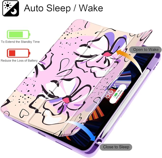 Mektron Case for iPad Pro 11 inch (4th 3rd 2nd &amp 1st Gen) 2022 2021 2020 2018 Buit in Pencil Holder with Shockproof Cover Clear Shell + Auto Wake/Sleep Pink Flowers