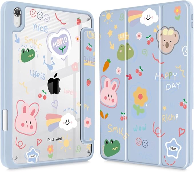 May Chen Case for iPad mini 7 (A17 Pro 7th Generation) 2024 / iPad mini 6 (6th Gen) 8.3 Inch [Built-in Pencil Holder] Shockproof Cover Clear Clear Back Shell Auto Wake/Sleep Cartoon Stick Figure