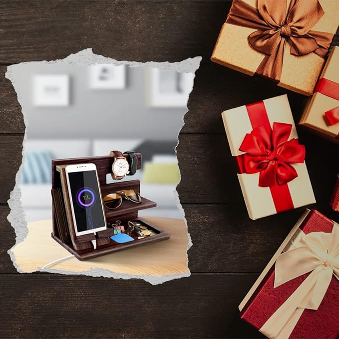 Gifts for Men Bedside Organiser Wood Phone Docking Station Dad Birthday Gifts for Him Nightstand Key Wallet Watch Stand Mens Gifts for Xmas Presents for Dad Husband Boyfriend Anniversary &amp Christm