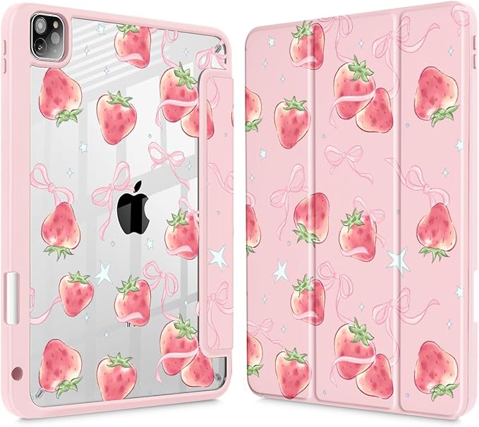 May Chen for iPad Pro 11 inch M2 4th Generation 2022 iPad Pro 11 3rd/2nd/1st Gen Case with Transparent Shockproof Back Cover [Built-in Pencil Holder Auto Sleep/Wake Bow Strawberry