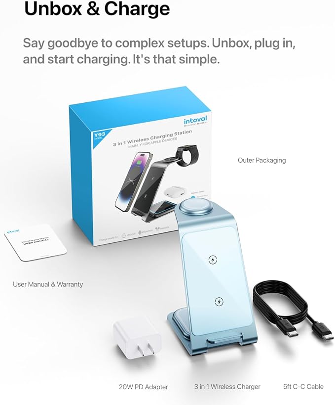 Intoval 3 in 1 Wireless Charging Station for iPhone 17 16 15 14 13 12 11 Pro Max X XS XR Aluminum Unibody Wireless Charger for Apple Watch 11 10 9 8 7 Ultra SE 3 2 for AirPods 4 Pro 2 3 (Blue)