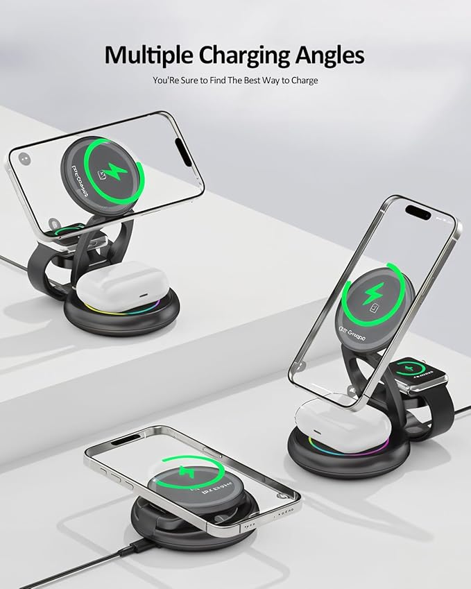 Wireless Cell Phone Charger Station 3 in 1 Magnetic Wireless Fast Charger Dock Stand for iPhone 16/15/14/13/12 Apple Watch and AirPods Pro 15W USB-C iPhone Wireless Charger Gray（20W Adapter）