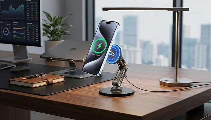 ClikDock Cell Phone Magnetic Wireless Charger Stand 360° Spin Aluminum Construction Compatible with MagSafe Phones for iPhone &amp Andriod (Space Grey)