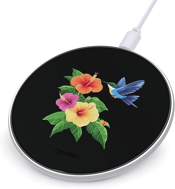 Hibiscus Flowers Hummingbird Wireless Charger Anti-Slip Wireless Charging Pad Slim Charger Mat for Men Women
