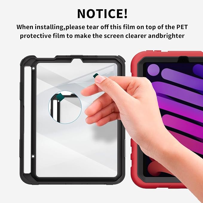 for iPad mini 7 A17 Pro/iPad mini 6 8.3 Inch Case iPad mini 7th/6th Generation Case (2024/2021) with Pencil Holder/Kickstand Hand Strap/Shoulder StrapRed+Black