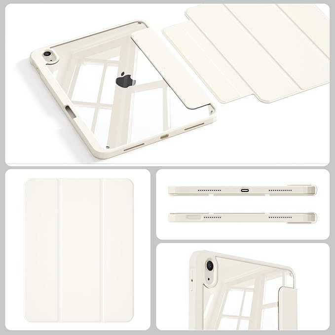 Case for iPad Air 11 Inch M4/M3/M2 2026/2025/2024 iPad Air 5th/4th Gen 10.9 Inch Case 2022/2020 with Pencil Holder Magnetic Detachable of Clear Back Cover Slim &amp Tri-Fold Cover Cream White