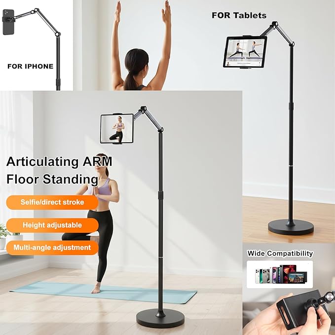 66“ Floor stand articulating arm with adjustable on Bed&ampCouch iphone stand and tablets standSturdy and Stable tripod replacementMinimalist Design Space-Saving Highly Flexiblecantilever Brac
