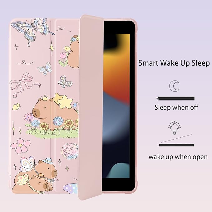 Cute Capybara Butterfly for iPad Air 3 Case with Pencil Holder Auto Sleep/Wake Pink Leather Soft TPU Back Cover for iPad Pro 10.5 Inch 2017