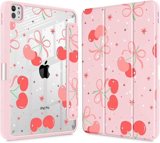 May Chen Case for iPad Pro 11-Inch M5/M4 2025/2024 (6th/5th Generation) [Penceil Holder] Trifold Stand Auto Wake/Sleep Clear TPU Protection Back Cover Coquette Cherry