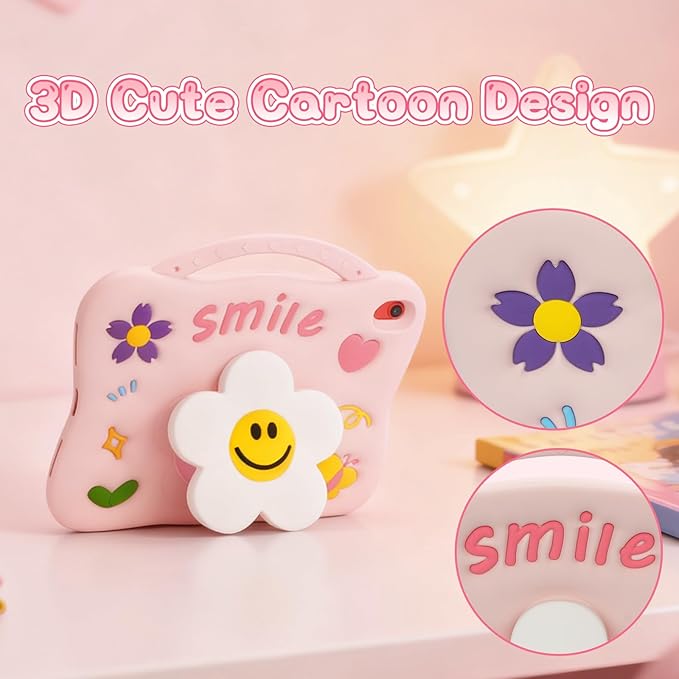Kids Case for iPad （A16） 11th Generation 11 inch 202510th Generation 10.9‘’ 2022 3D Cute Silicone Cover with Sunflower Kickstand Adjustable Shoulder Strap &amp Pencil Holder for Girls -Pink