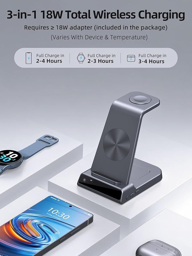 Wireless Charger Samsung Charging Station: 3 in 1 Android Charging Stand with Dimmable Clock - Nightstand Organizer for Galaxy S25 Ultra S24 Galaxy Watch 8 7 6 5 4 Galaxy Buds Space-Saving Charger
