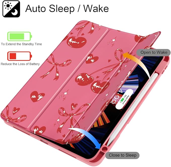 Mektron Case for M5/ M4 iPad Pro 11 inch 2025/2024 with Pencil Holder Compatible Models: A3357/A3358/A3359/A2836/A2837/A3006 Shockproof Cover Clear Shell Cherries Bows C388