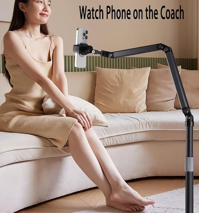 Phone Floor Stand for Recording Cell Phone Holder for Bed Adjustable Tall Stand with Ultra-Long Extension Arm 360° Swivel Compatible with iPhone Samsung and More