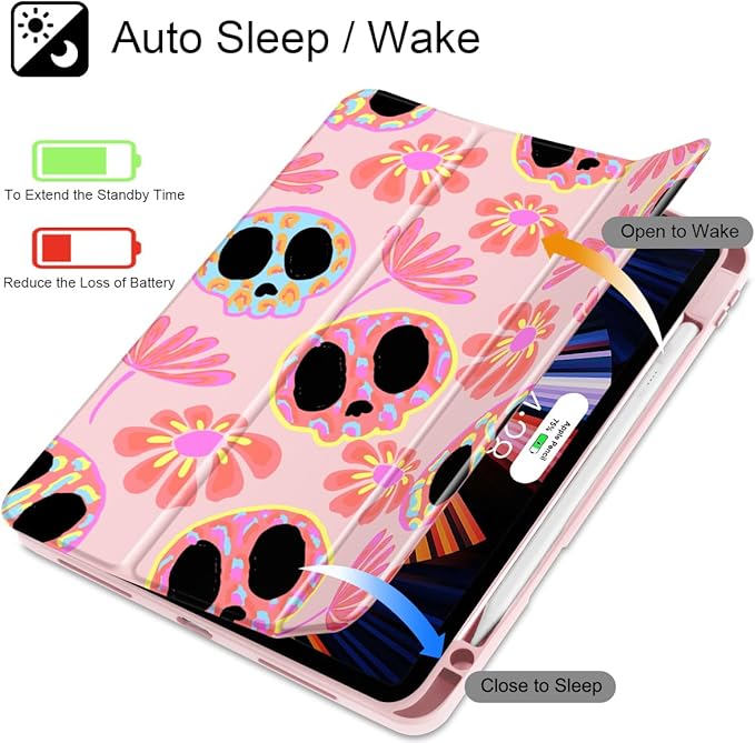 Mektron Case for M5/ M4 iPad Pro 11 inch 2025/2024 with Pencil Holder Compatible Models: A3357/A3358/A3359/A2836/A2837/A3006 Shockproof Cover Clear Shell Skull &amp Flowers Pink