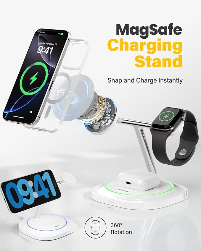 3 in 1 Magnetic Wireless Charger for Apple - Fast Charging Station Compatible with MagSafe for iPhone17-12 Apple Watch&amp AirPods Phone and Watch Charger Stand for Desktop Bedside Nightstand (Whit