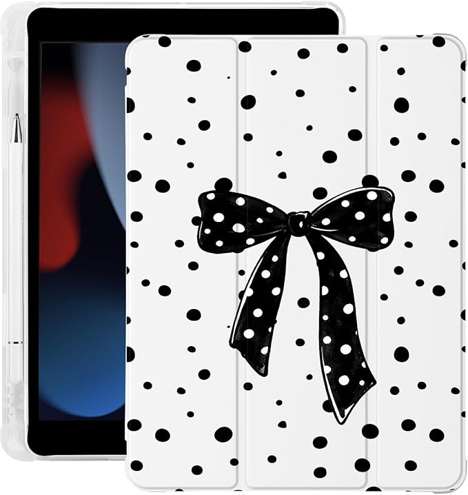 Cute Black Bow Polka Dot for iPad mini 7 A17 Pro 2024/iPad Mini 6 Case with Pencil Holder Auto Sleep/Wake White Leather Soft TPU Back Cover