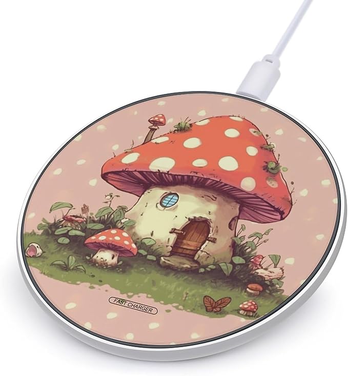 Cute Mushroom House Wireless Charger Fast Wireless Charging Pad with USB Cable 10W Anti-Slip Magnetic Wireless Charger Portable Slim Charger Puck Travel Charging Station