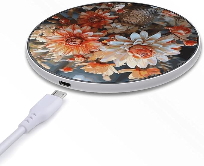 Orange Flowers Wireless Charger Fast Wireless Charging Pad with USB Cable 10W Anti-Slip Magnetic Wireless Charger Portable Slim Charger Puck Travel Charging Station