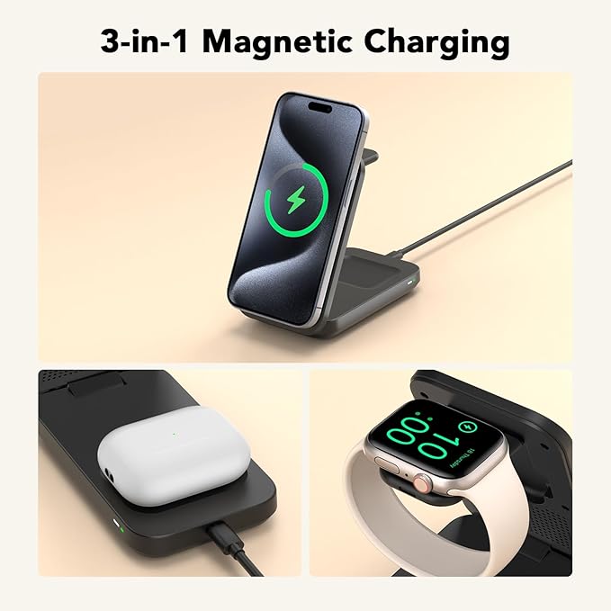 Qi2 [Certified] 3 in 1 Charging Station Compatible with Apple MagSafeMagnetic 15W Foldable Fast Wireless Charging Stand for iPhone 17/16/15/14/13/12 iWatch 11 Air-Pods Charger(with 30W PD Adapter)