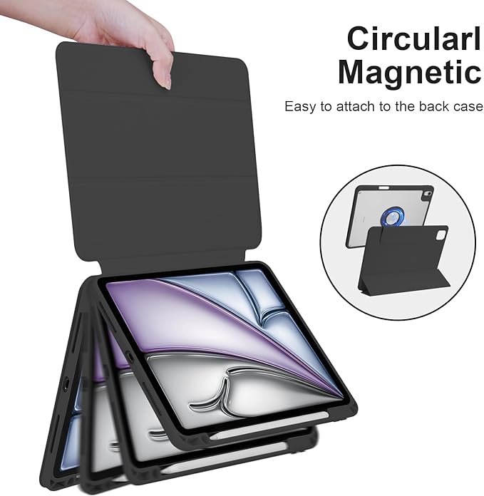 Case for iPad Air 11 Inch M4/M3/M2 2026/2025/2024 iPad Air 10.9 5th/4th Gen. 2022/2020 iPad Pro 11 4th/3rd/2nd 2022/2021/2020 with Pencil Holder Vertical Stand Detachable Magnetic Black