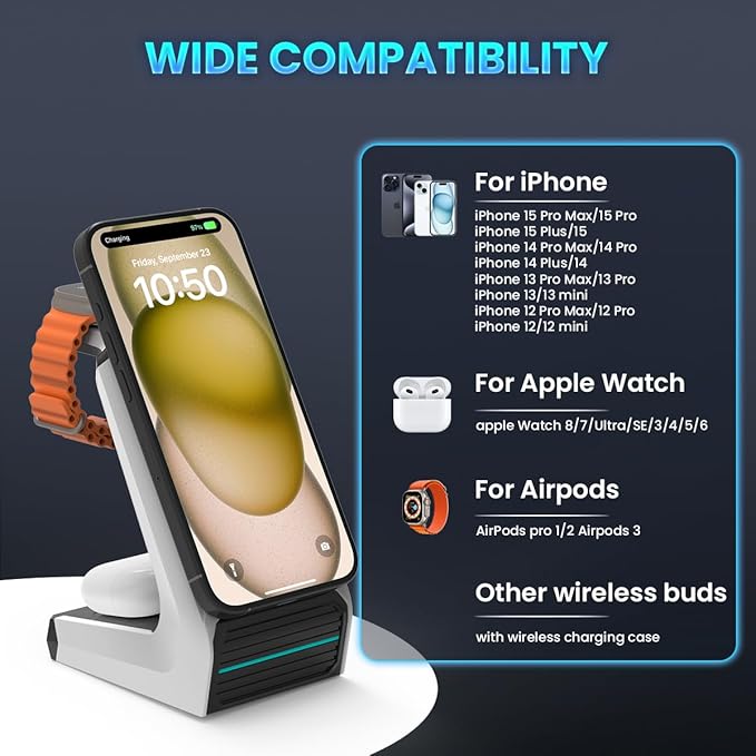 JoyGeek 3-in-1 Wireless Charging StationCharger Stand for iPhone 15/14/13/12 Series Fast Magnetic Charging Dock for Watch Ultra 2/9/8/7/6/SE/5/4/3/2AirPods Pro 3/2