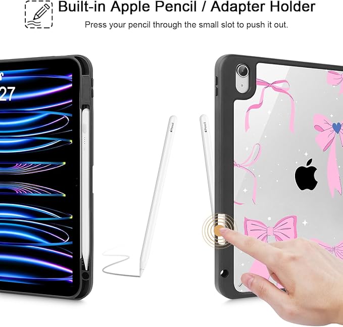 May Chen for iPad (A16) 11th Generation Case 11 Inch 2025 iPad 10th Gen Case 2022 10.9 inch Built-in Pencil Holder with Shockproof Cover Clear Transparent Back Shell Auto Wake/Sleep Black Cute Bows